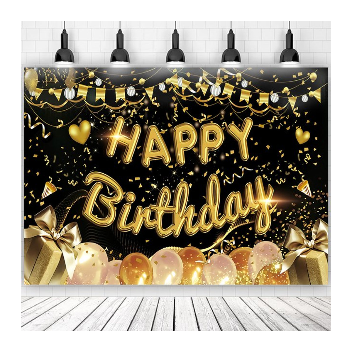 VIKAMA Happy Birthday Hintergrundbanner in Schwarz und Gold zur Partydekoration für Männer und Frauen - Bild 1