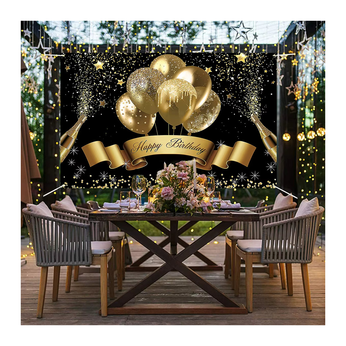 VIKAMA Happy Birthday Hintergrundbanner in Schwarz und Gold zur Partydekoration für Männer und Frauen - Bild 2