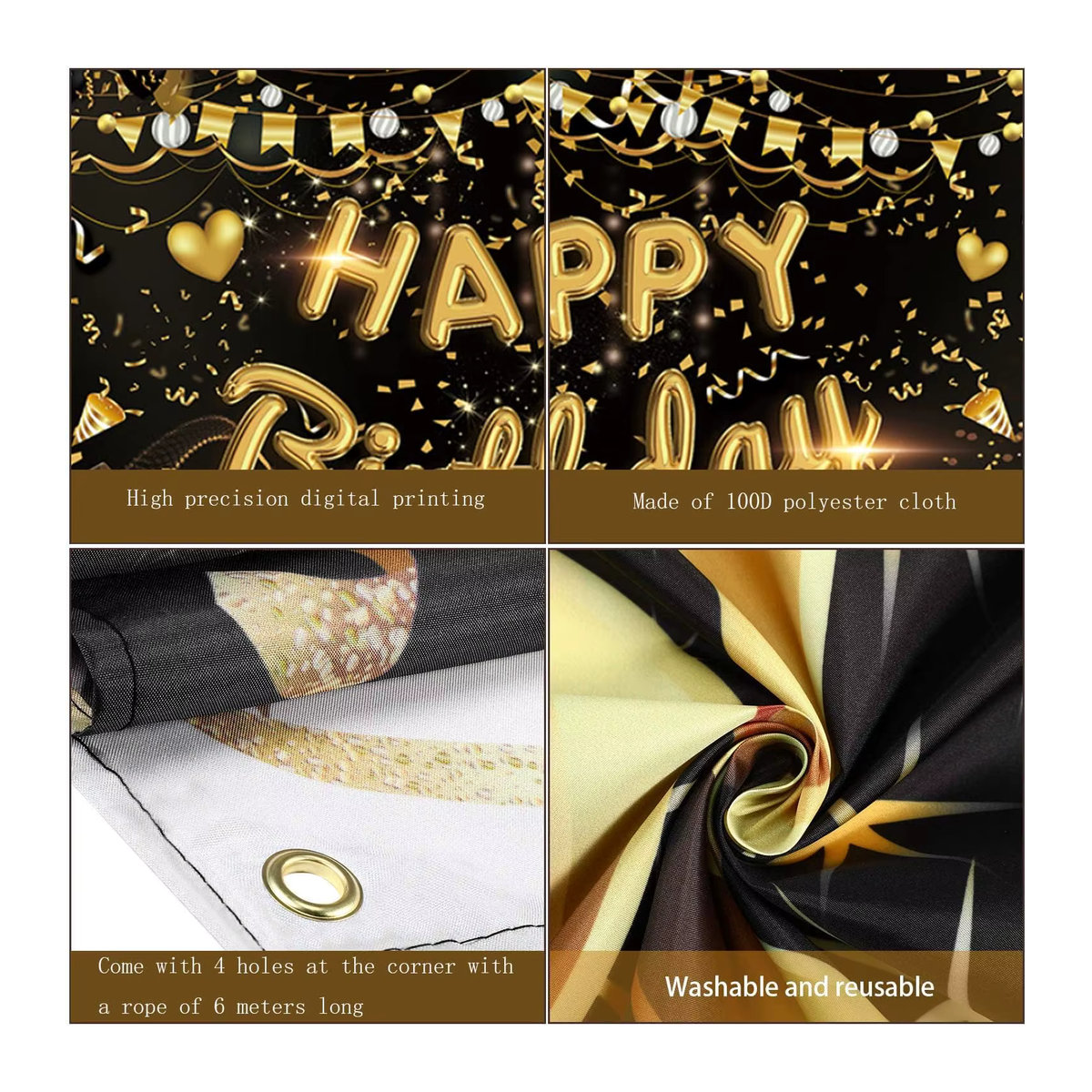 VIKAMA Happy Birthday Hintergrundbanner in Schwarz und Gold zur Partydekoration für Männer und Frauen - Bild 4