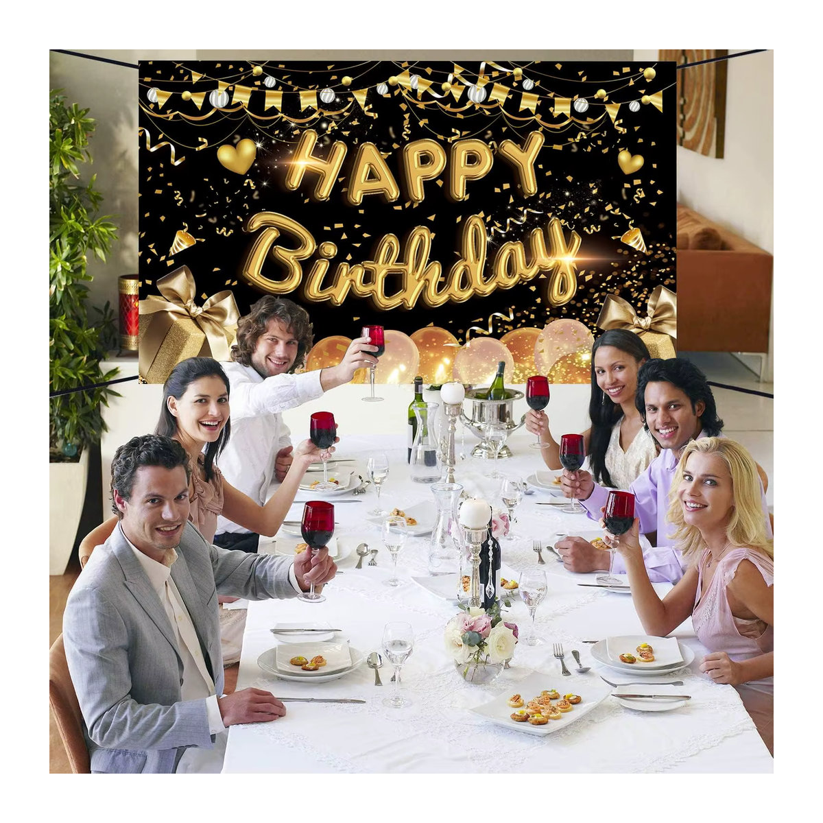 VIKAMA Happy Birthday Hintergrundbanner in Schwarz und Gold zur Partydekoration für Männer und Frauen - Bild 5