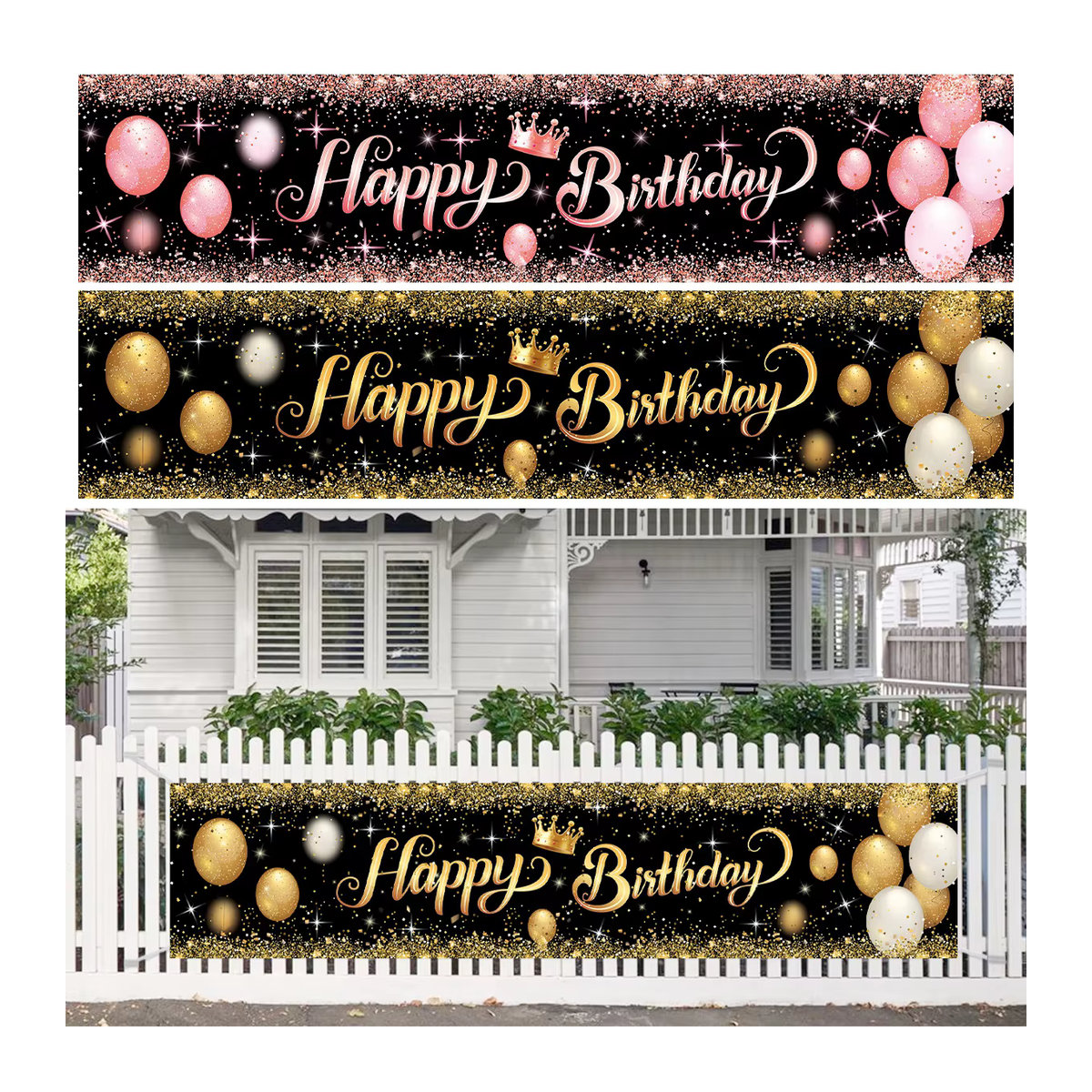 VIKAMA Happy Birthday Hintergrundbanner in Schwarz und Gold zur Partydekoration für Männer und Frauen - Bild 6