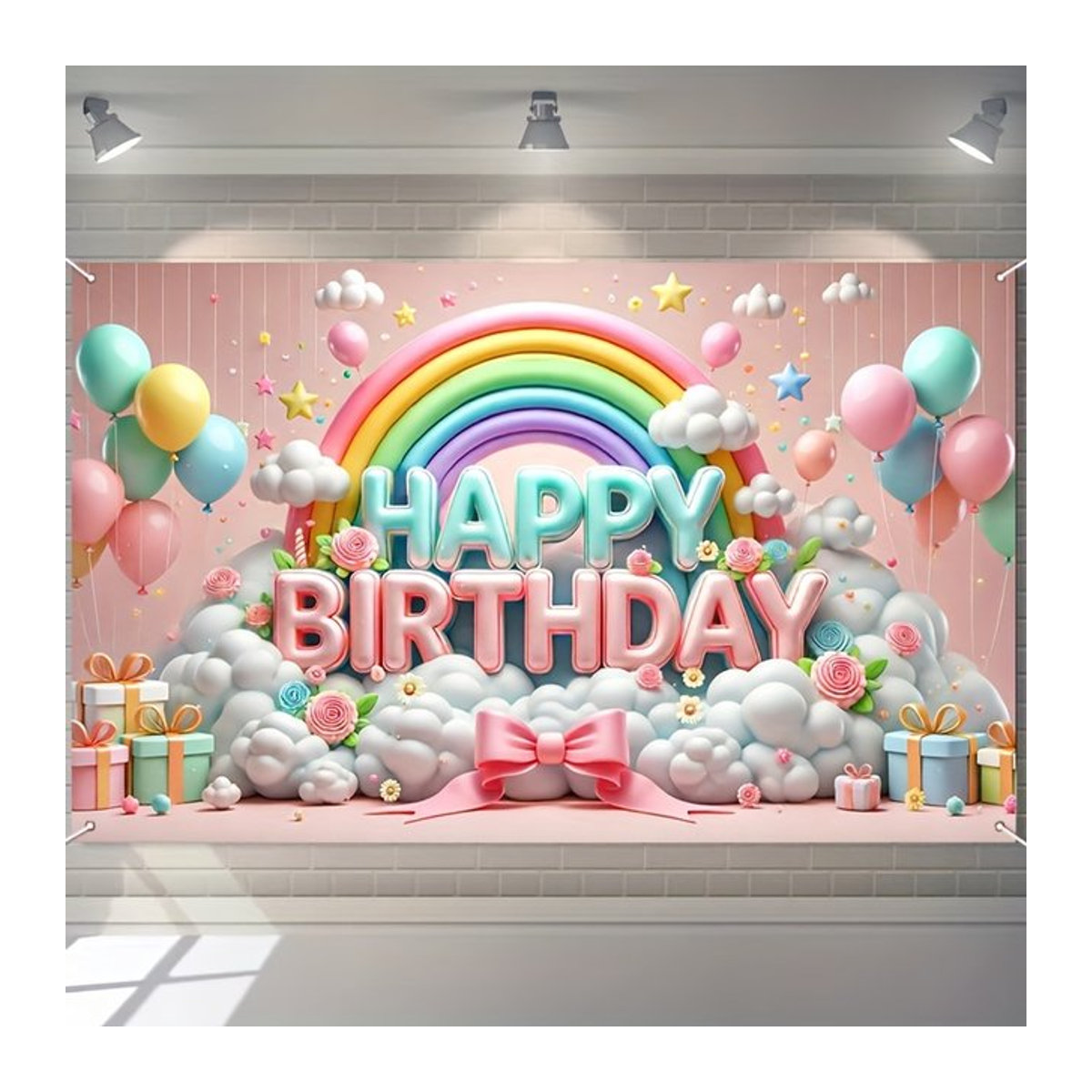 VIKAMA Happy Birthday Party Dekoration mit Regenbogen und Wolken als Fotografie Hintergrund in Mehrfarbig - Bild 1