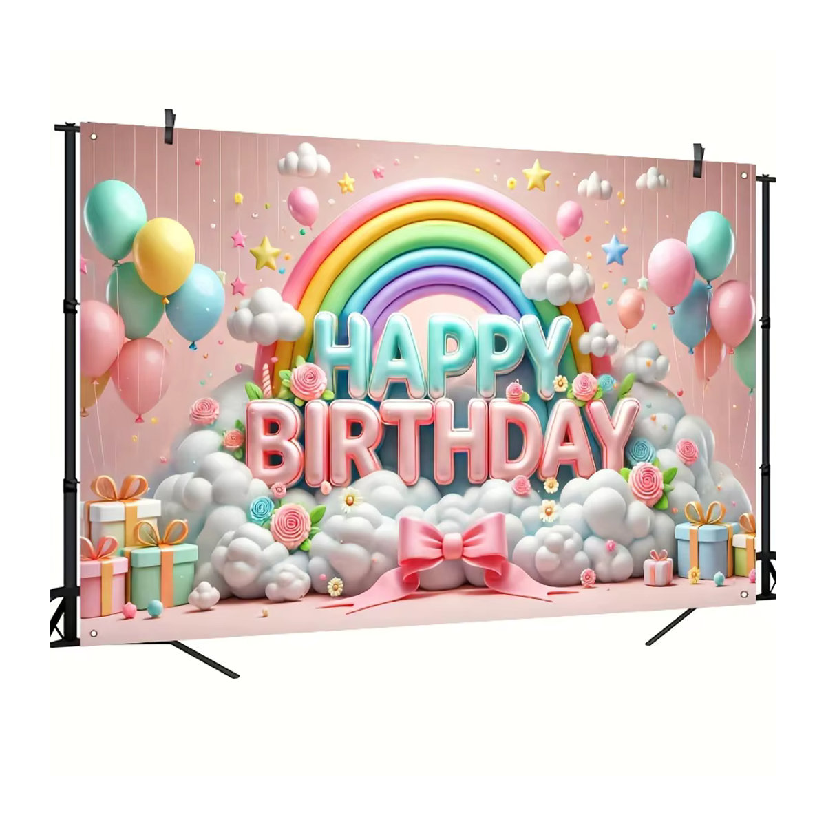 VIKAMA Happy Birthday Party Dekoration mit Regenbogen und Wolken als Fotografie Hintergrund in Mehrfarbig - Bild 2