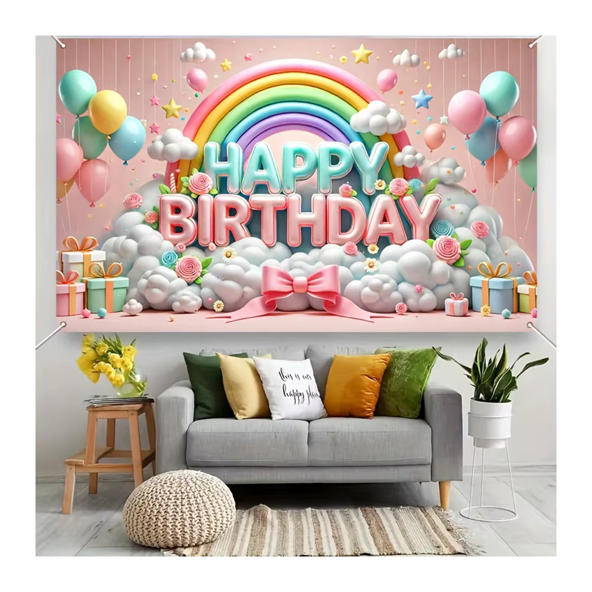 VIKAMA Happy Birthday Party Dekoration mit Regenbogen und Wolken als Fotografie Hintergrund in Mehrfarbig - Bild 3
