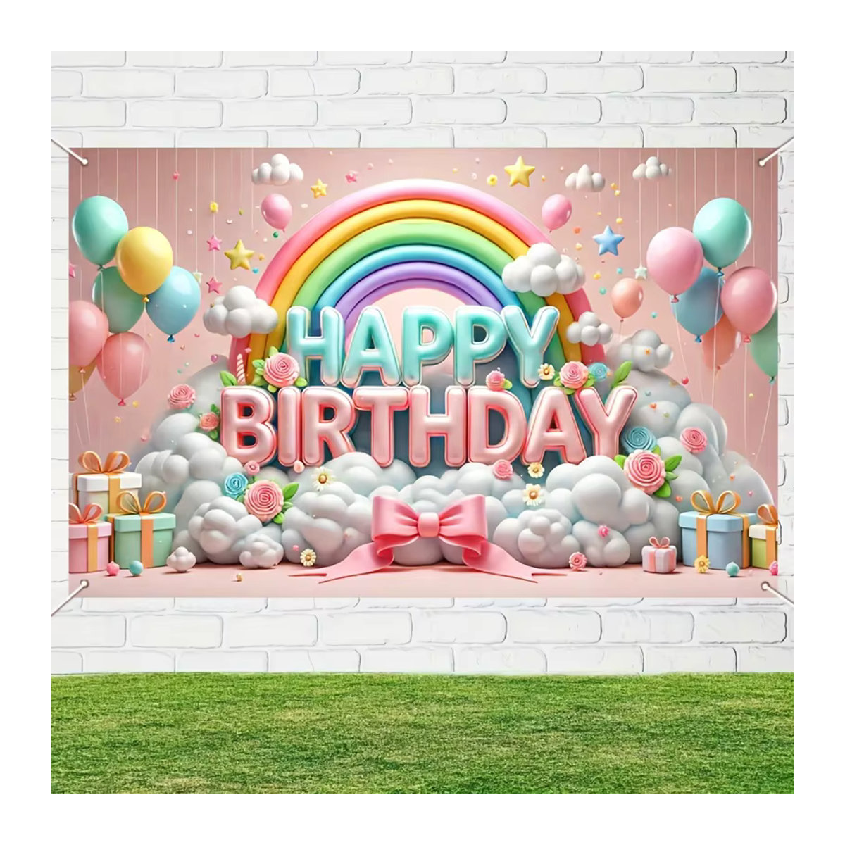 VIKAMA Happy Birthday Party Dekoration mit Regenbogen und Wolken als Fotografie Hintergrund in Mehrfarbig - Bild 4