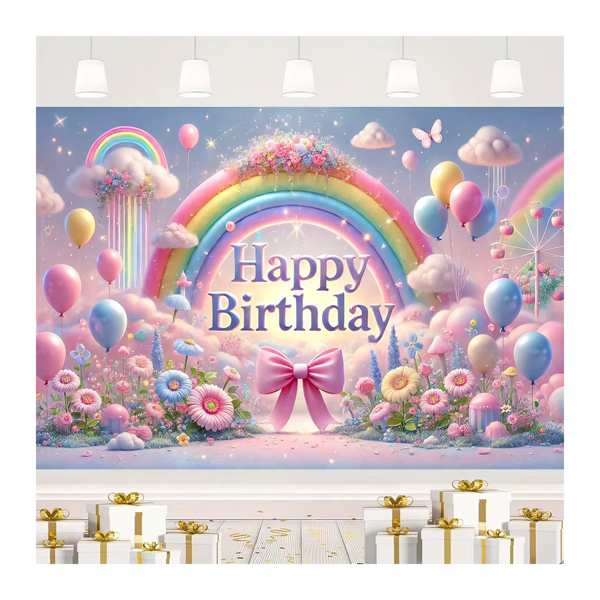 VIKAMA Happy Birthday Party Dekoration mit Regenbogen und Wolken als Fotografie Hintergrund in Mehrfarbig - Bild 5