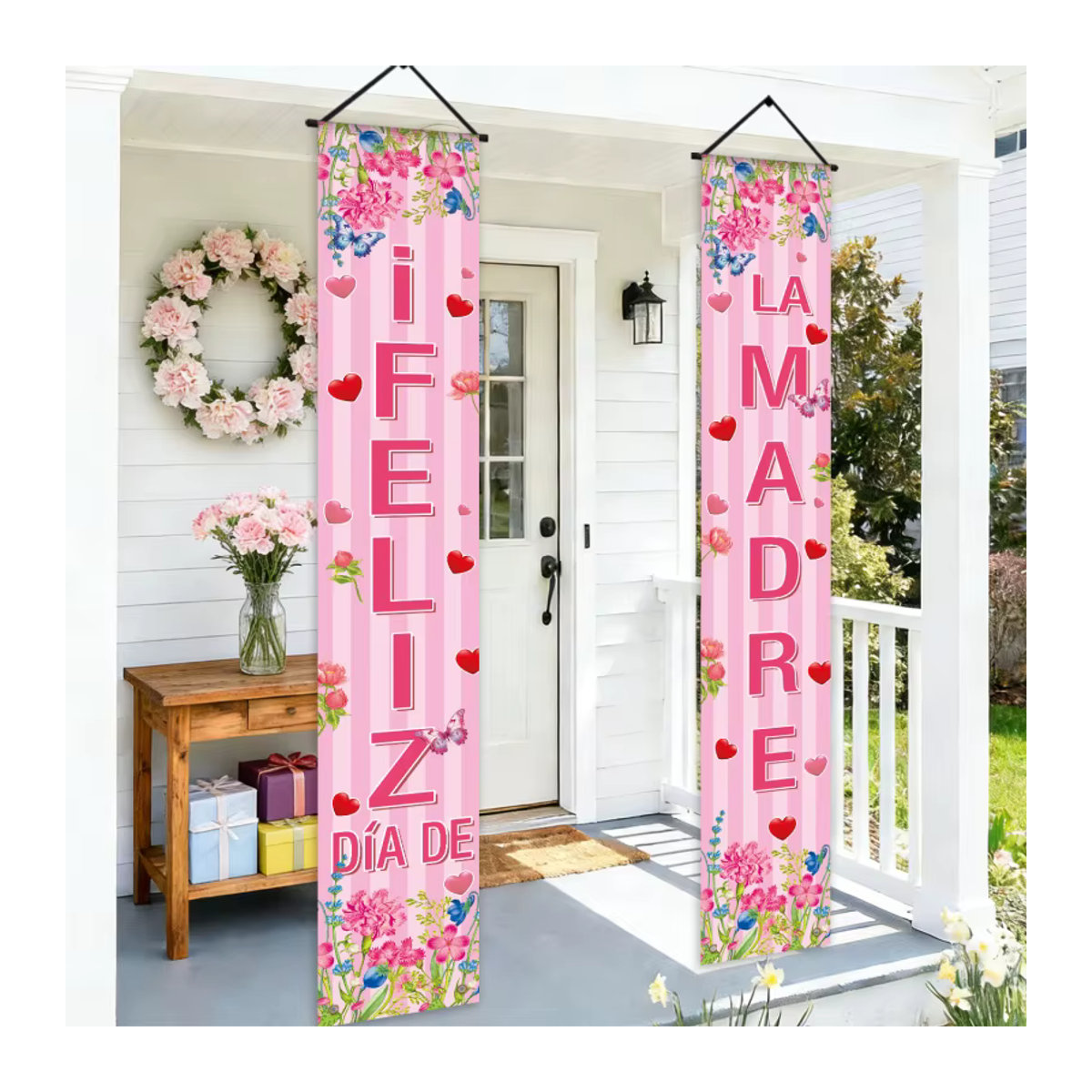 VIKAMA Happy Mother's Day Partybanner als Hängedekoration für Innen und Außen in Blau und Rosa mit Buchstaben und Herzen - Bild 2