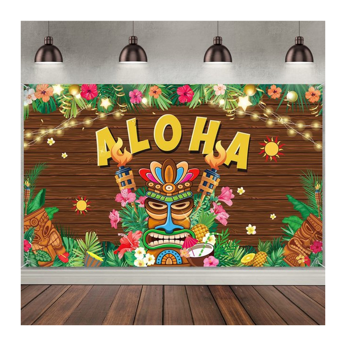 VIKAMA Hawaiian Party Hintergrund aus Textil mit Flamingo und floralem Design, mehrfarbig, B: 150 cm, H: 100 cm - Bild 1