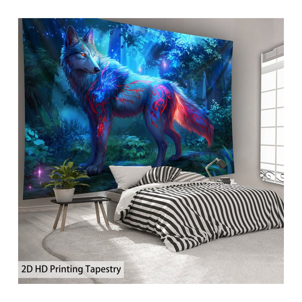 VIKAMA HD Wandteppich Enchanted Forest Lone Wolf mit Tierprint in Blau und Lila, Textil Wandkunst für deine Raumdekoration, B: 60 cm, H: 40 cm - Bild 1
