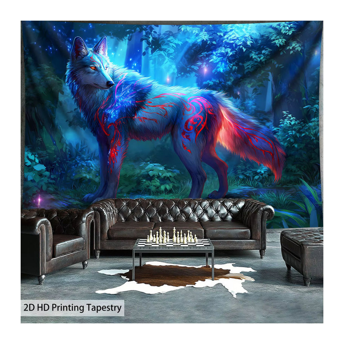 VIKAMA HD Wandteppich Enchanted Forest Lone Wolf mit Tierprint in Blau und Lila, Textil Wandkunst für deine Raumdekoration, B: 60 cm, H: 40 cm - Bild 2