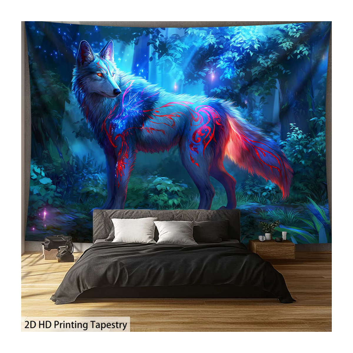 VIKAMA HD Wandteppich Enchanted Forest Lone Wolf mit Tierprint in Blau und Lila, Textil Wandkunst für deine Raumdekoration, B: 60 cm, H: 40 cm - Bild 3