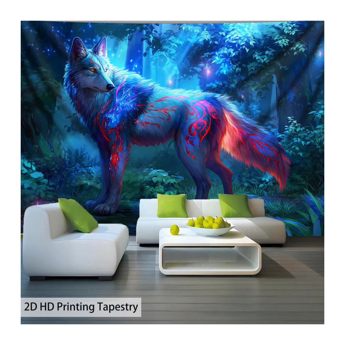 VIKAMA HD Wandteppich Enchanted Forest Lone Wolf mit Tierprint in Blau und Lila, Textil Wandkunst für deine Raumdekoration, B: 60 cm, H: 40 cm - Bild 4