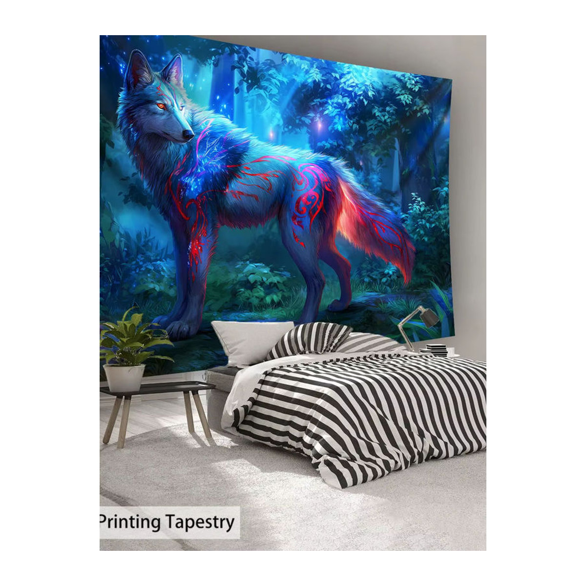 VIKAMA HD Wandteppich Enchanted Forest Lone Wolf mit Tierprint in Blau und Lila, Textil Wandkunst für deine Raumdekoration, B: 60 cm, H: 40 cm - Bild 5
