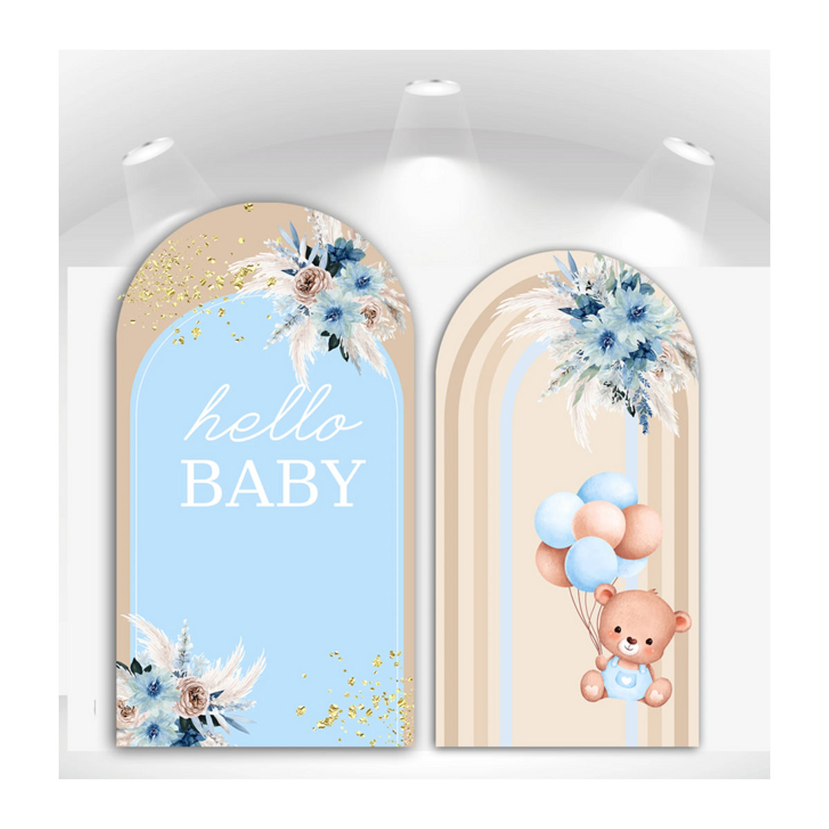 VIKAMA Hello Baby Arch Hintergrund für Babyparty und Geburtstag, floraler Bohemian Design in Blau, Rosa und Mehrfarbig, unregelmäßige Form - Bild 1