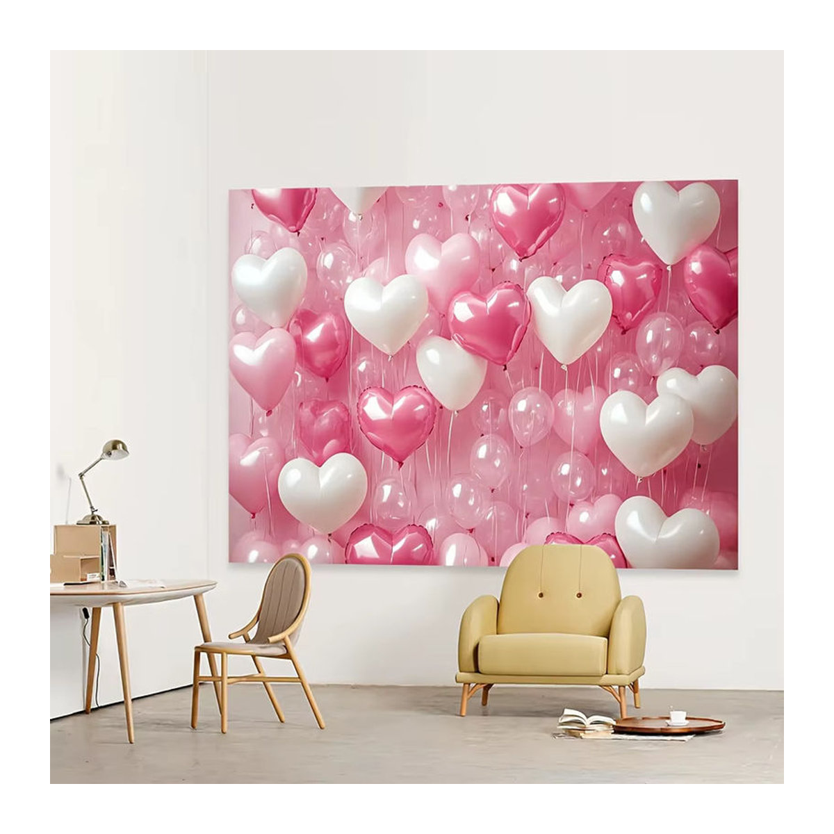 VIKAMA Herzförmiger Wandteppich mit Ballons und Blumen in Rosa, Weiß und Rot für Valentinstag Dekorationen, B/H: 60 x 40 cm - Bild 3