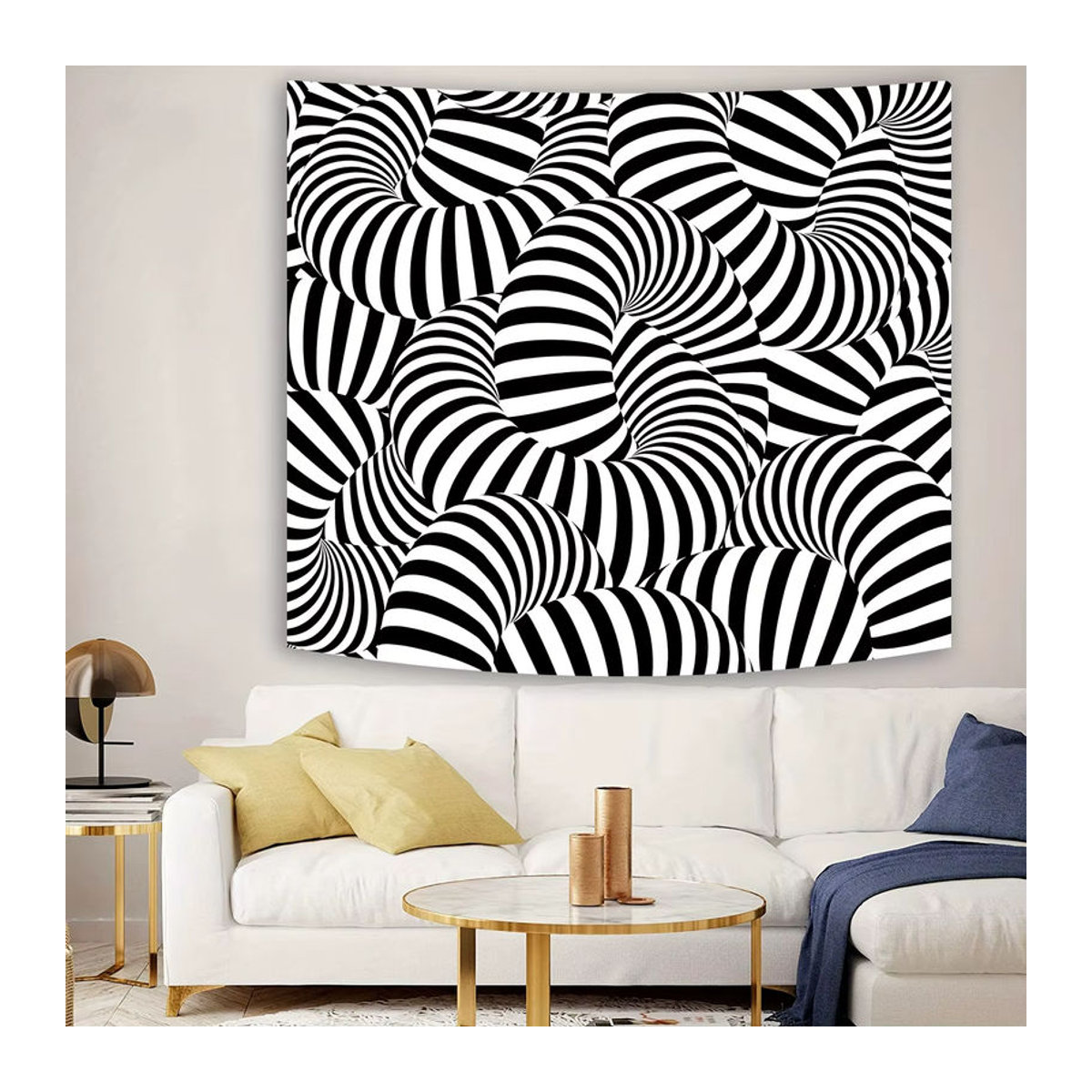 VIKAMA Illusion Art Wandteppich mit geometrischem abstraktem Design in Schwarz und Weiß, moderne Textil-Wanddekoration - Bild 1