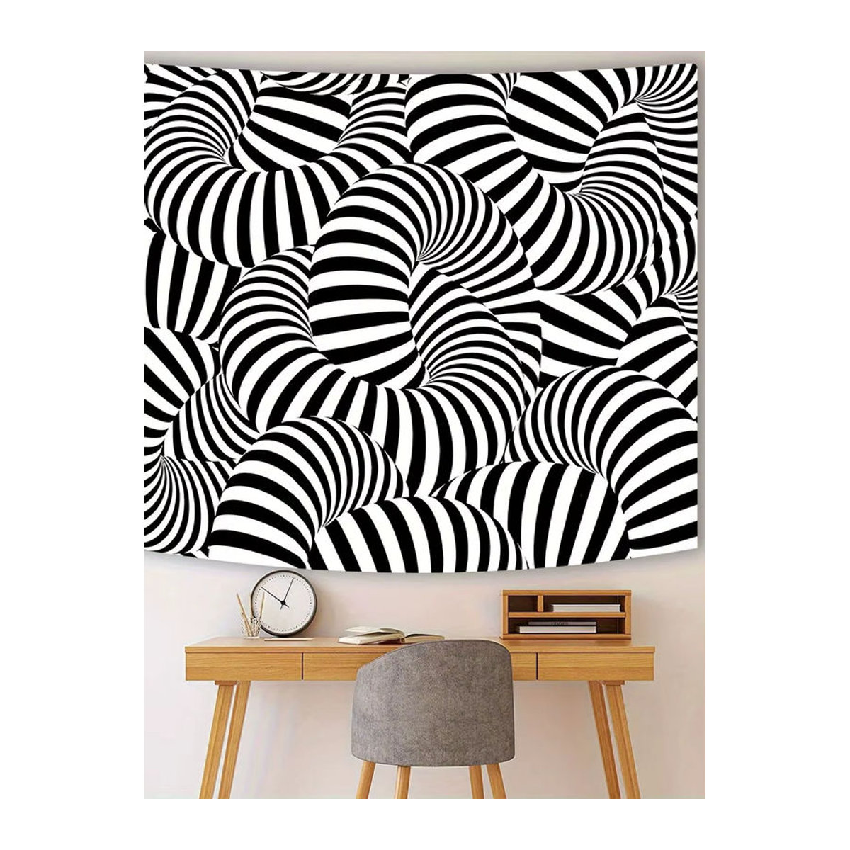 VIKAMA Illusion Art Wandteppich mit geometrischem abstraktem Design in Schwarz und Weiß, moderne Textil-Wanddekoration - Bild 2