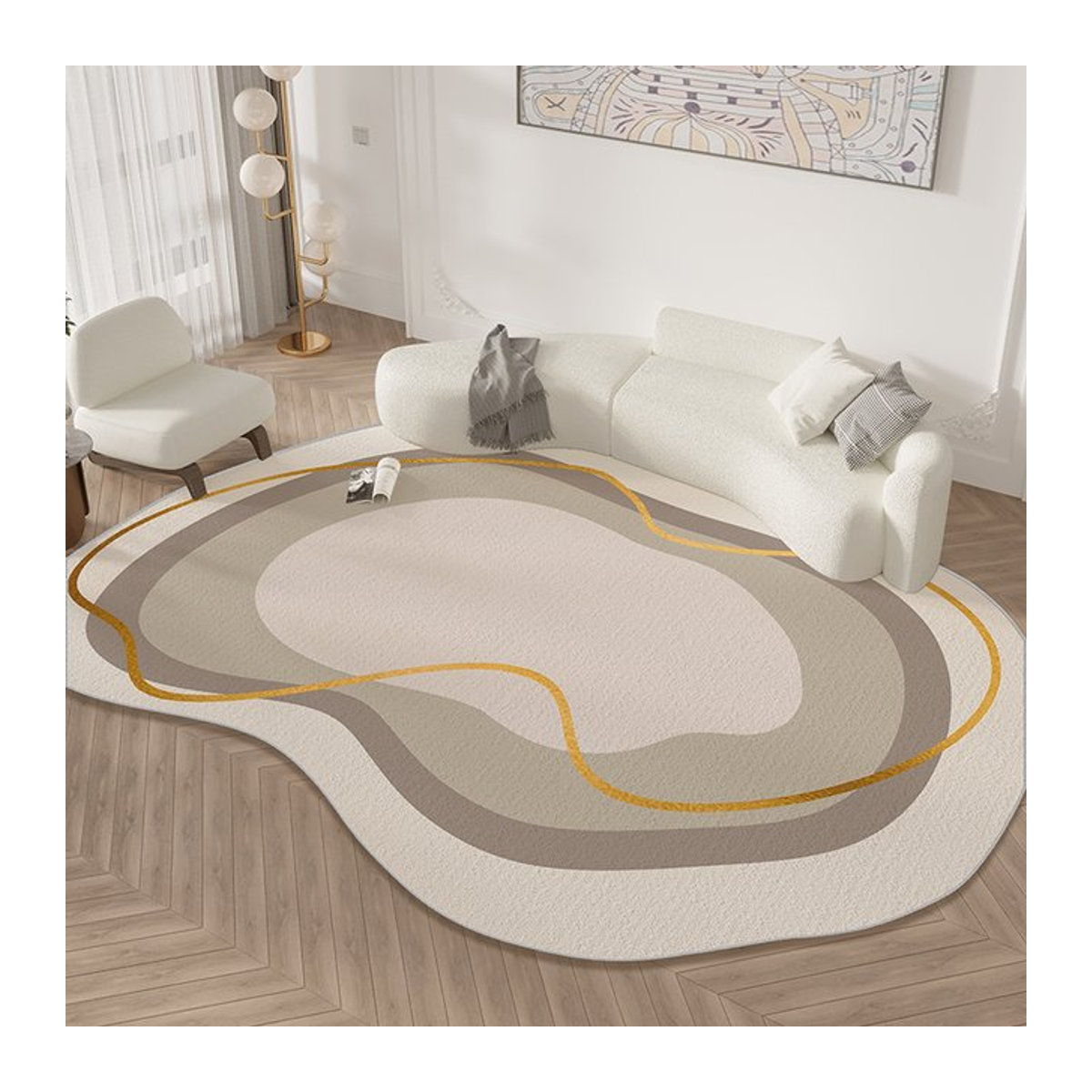 VIKAMA Japanischer Teppich im Wabi-Sabi-Stil in Creme mit unregelmäßiger Form und rutschfester Unterseite - Bild 1