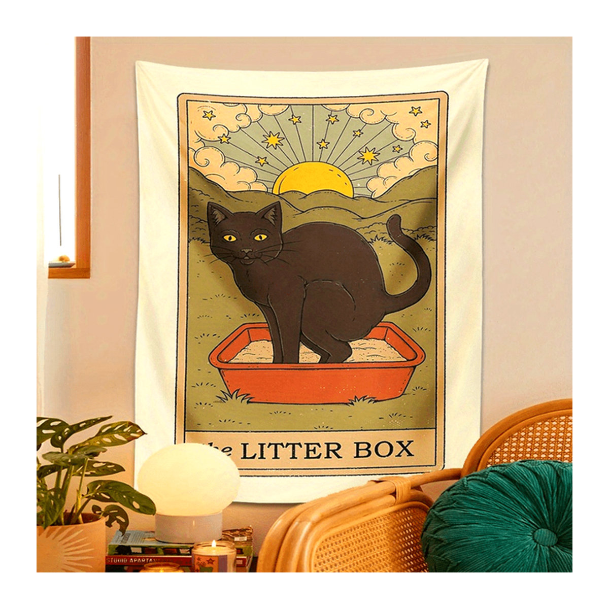 VIKAMA Katzen-Wandbehang mit Sternenhimmel und Hügeln in Schwarz und Mehrfarbig, dekorative Textil-Wandkunst im Vintage-Stil - Bild 1