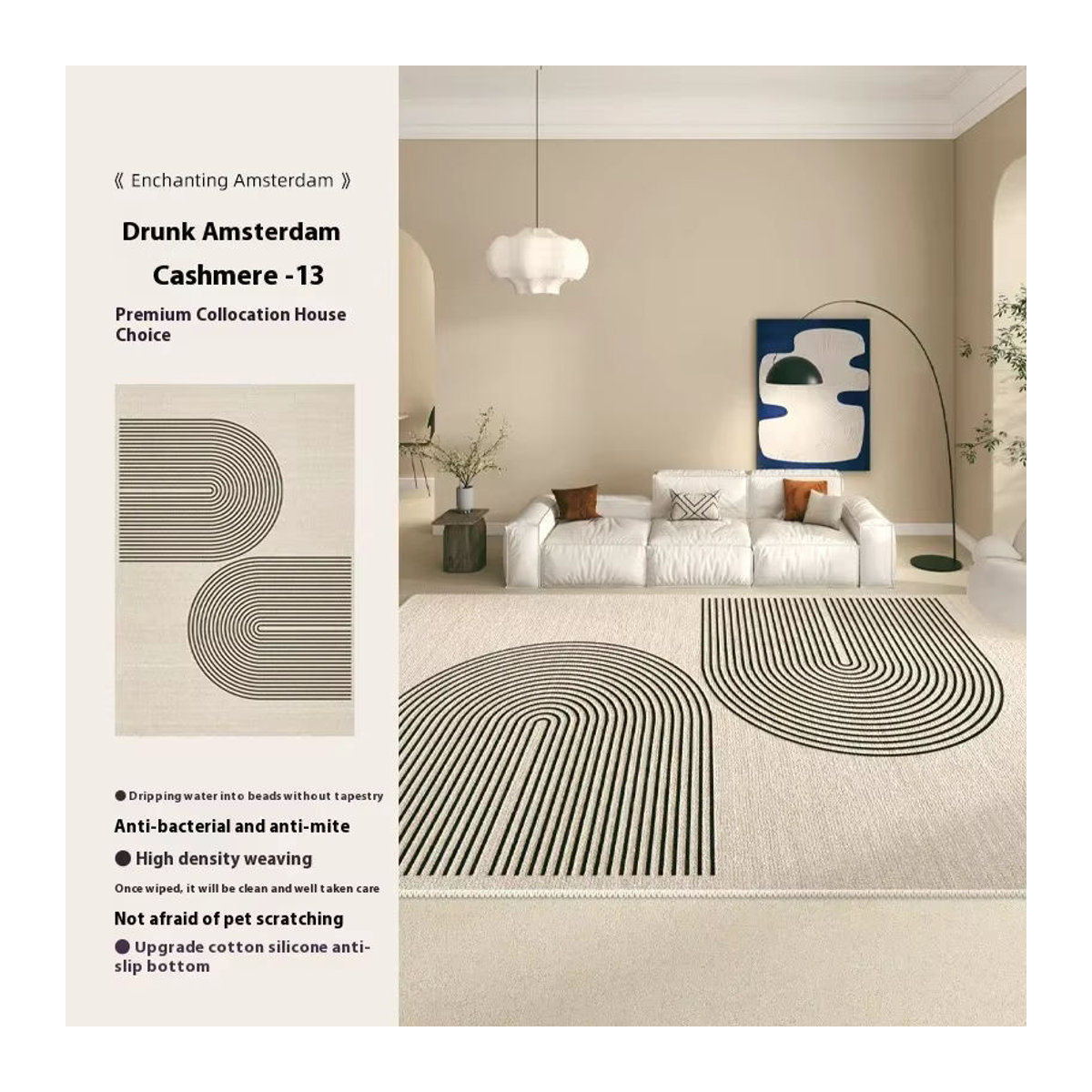 VIKAMA Kreisstapel-Teppich in Creme im Retro-Stil für Wohnzimmer und Schlafzimmer - Bild 3