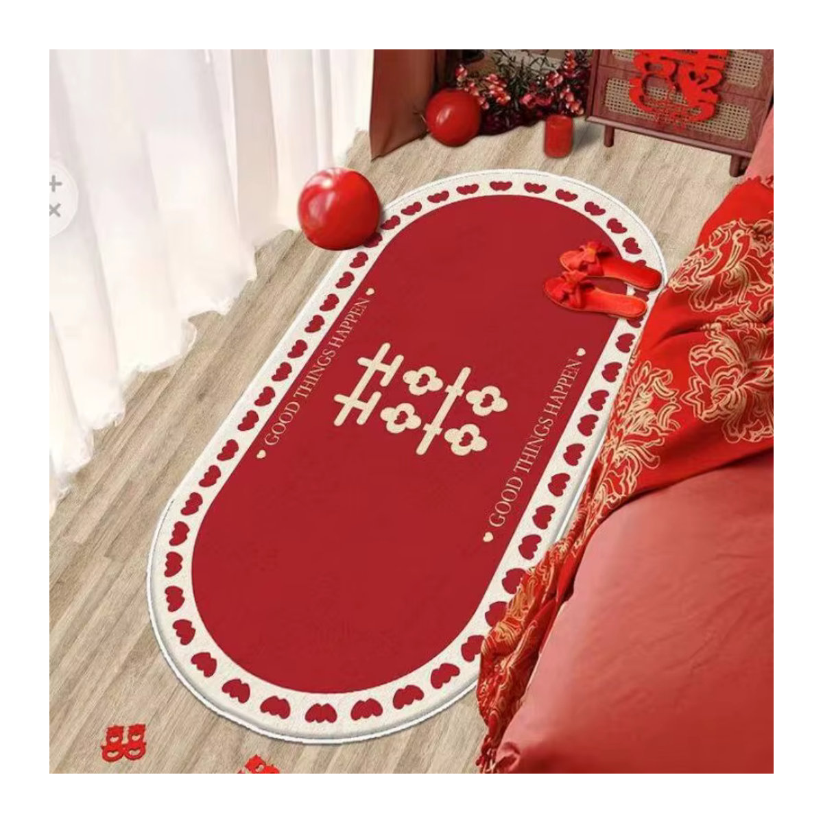 VIKAMA Kristallflor Teppich mit chinesischem Jungvermählter Design in Rot, rutschfest und schmutzabweisend für Wohnzimmer, Schlafzimmer oder Tür - Bild 1