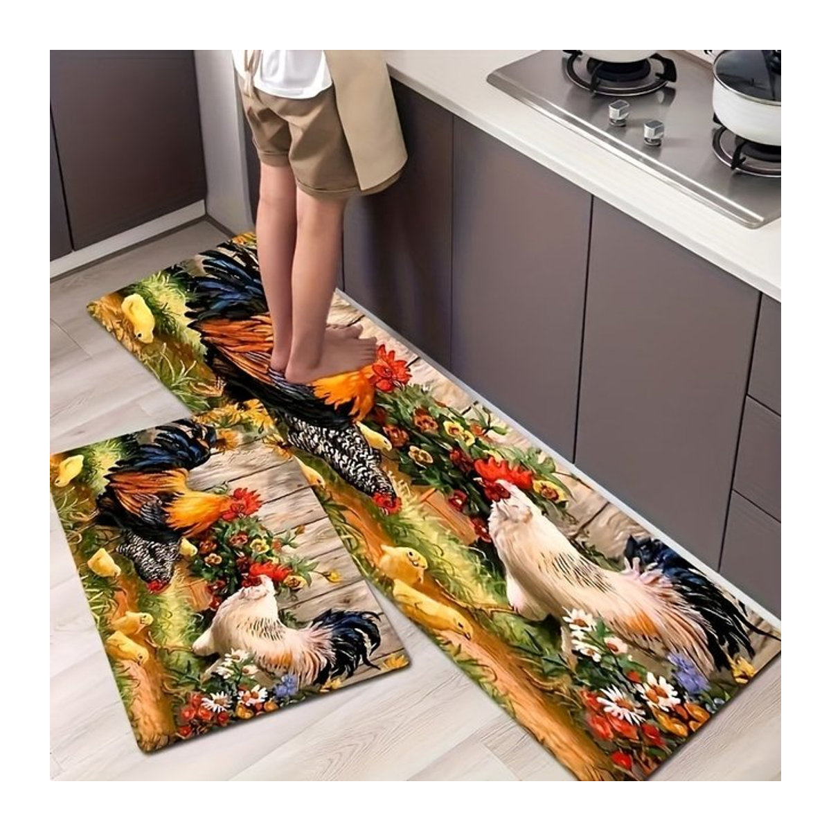 VIKAMA Küchenteppich Huhn Motiv mehrfarbig bedruckt als Bodenmatte für Küche, Flur und Eingangsbereich - Bild 1