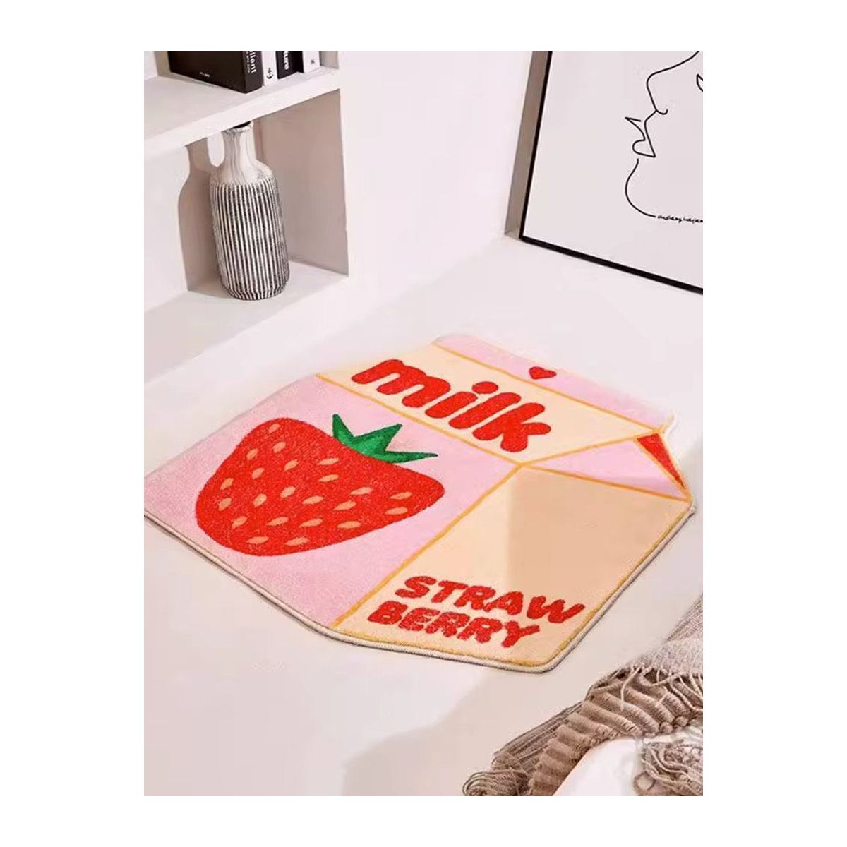 Vikama Kurzflor Teppich Erdbeer Milch Design in Weiß und Rosa für Schlafzimmer und Wohnzimmer - Bild 2