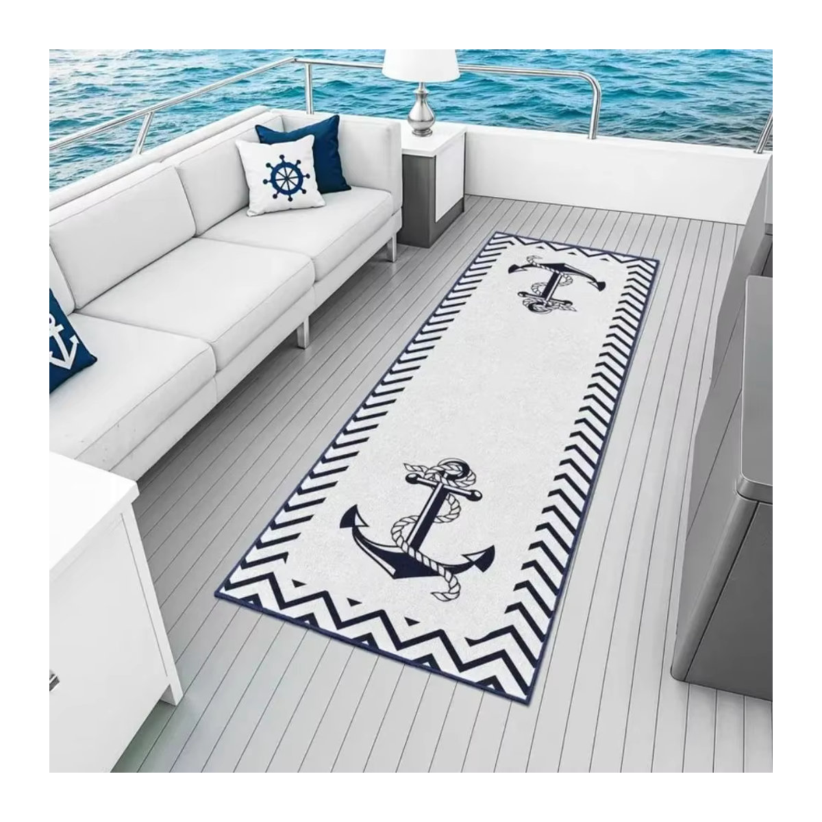 VIKAMA Langer Teppich im nautischen Stil mit Schiffsanker, rutschfeste Deckmatte in Weiß für Flur, Wohnzimmer oder Schlafzimmer - Bild 1