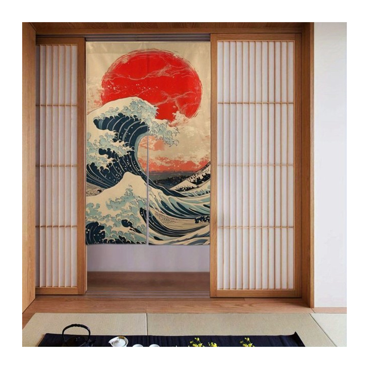 VIKAMA Leinenvorhang Japanisches Ukiyo-e Die große Welle Kunstdruck als Raumteiler und Sichtschutz in Mehrfarbig - Bild 1