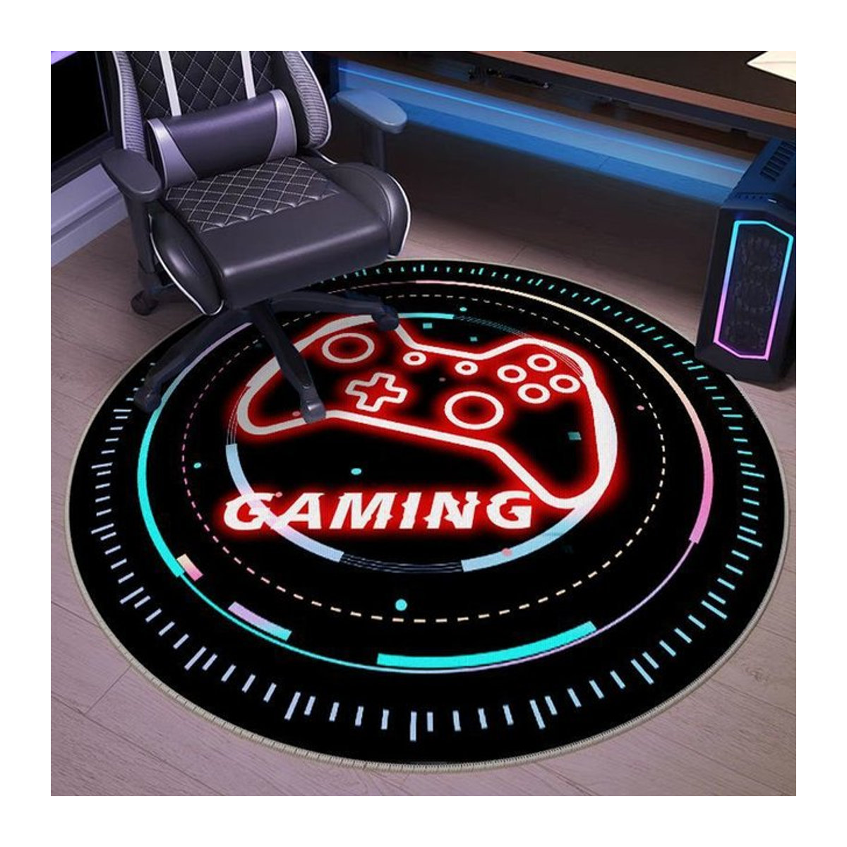 VIKAMA Loop Pile Gaming-Stuhl-Bodenmatte in Grün-Schwarz, runder Teppich mit Spielgriff-Muster, rutschfest und schmutzabweisend - Bild 1