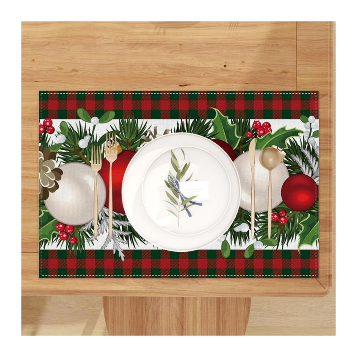 VIKAMA Mehrfarbige karierte Leinen Tischsets im Bauernhaus-Stil für Weihnachten und die Küche - Bild 1