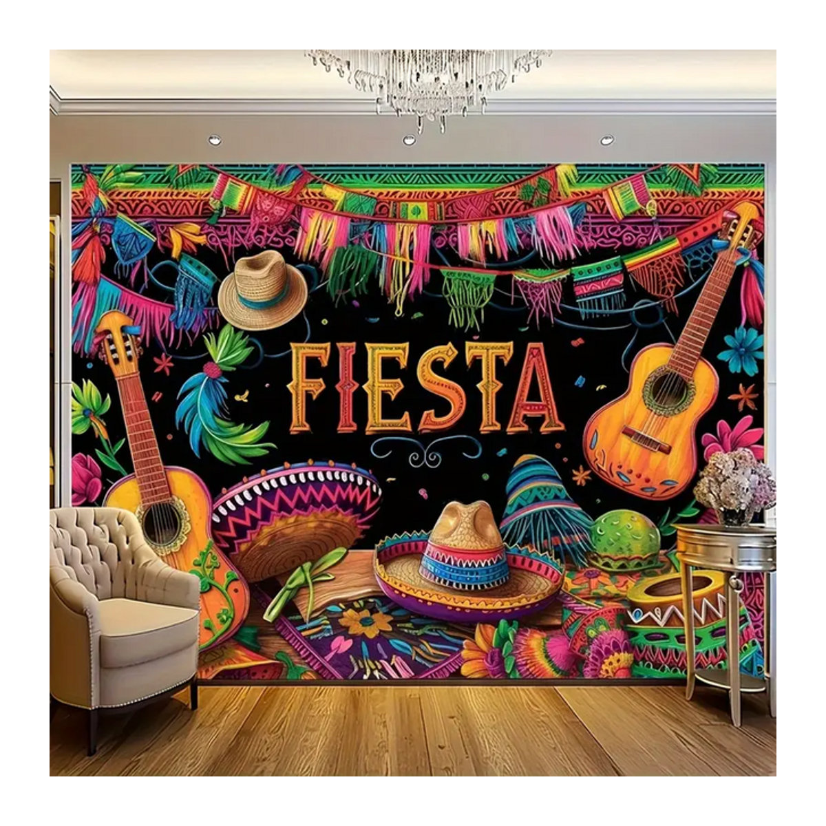 VIKAMA Mexikanischer Karneval Party Hintergrund mit Kaktus und Gitarre, Mehrfarbig, B: 120 cm, H: 90 cm - Bild 1