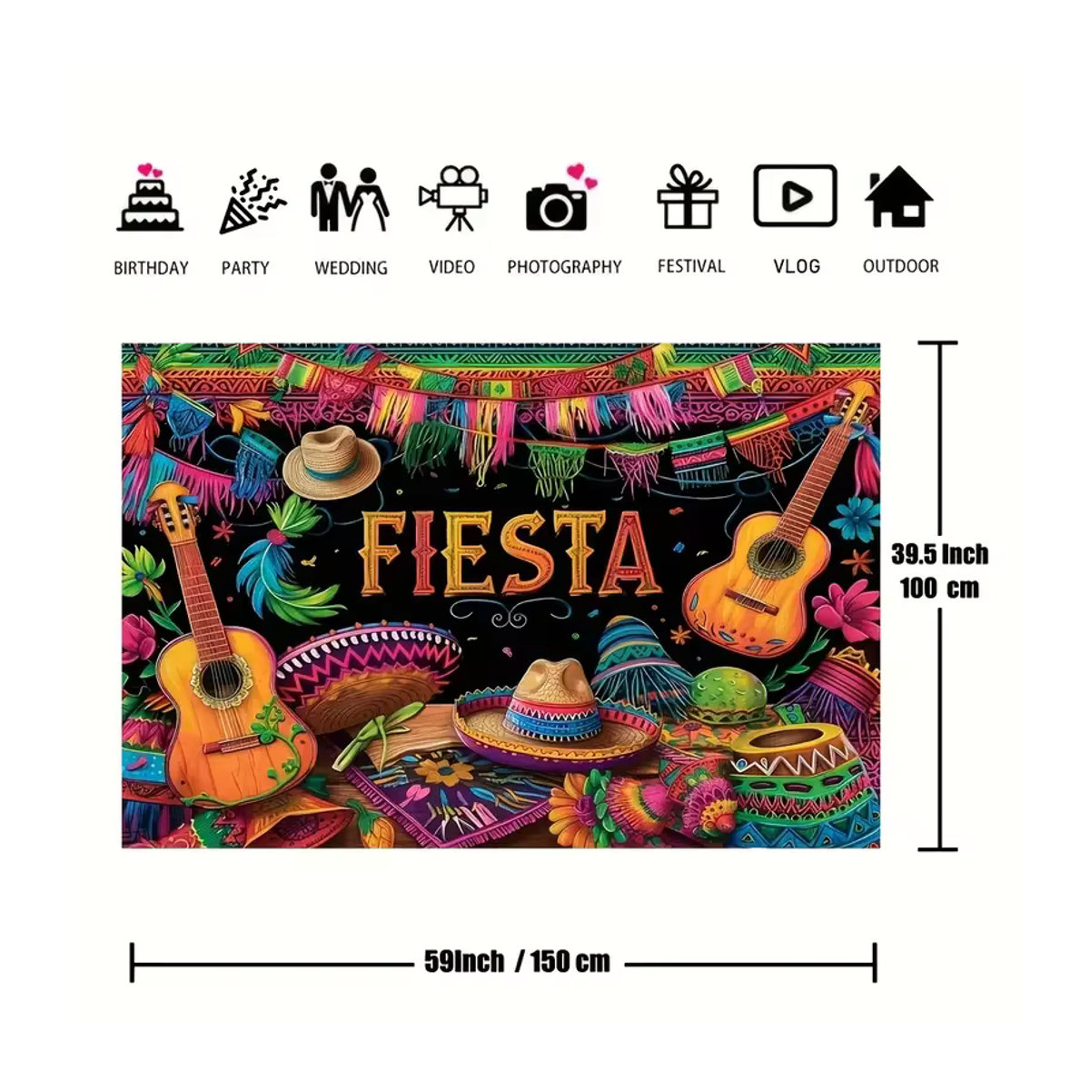 VIKAMA Mexikanischer Karneval Party Hintergrund mit Kaktus und Gitarre, Mehrfarbig, B: 120 cm, H: 90 cm - Bild 3