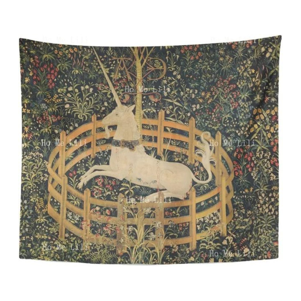 VIKAMA Mittelalterlicher Einhorn-Wandteppich im Vintage-Stil, mehrfarbiger Wandbehang für dein Schlafzimmer, B: 150 cm, H: 100 cm - Bild 1