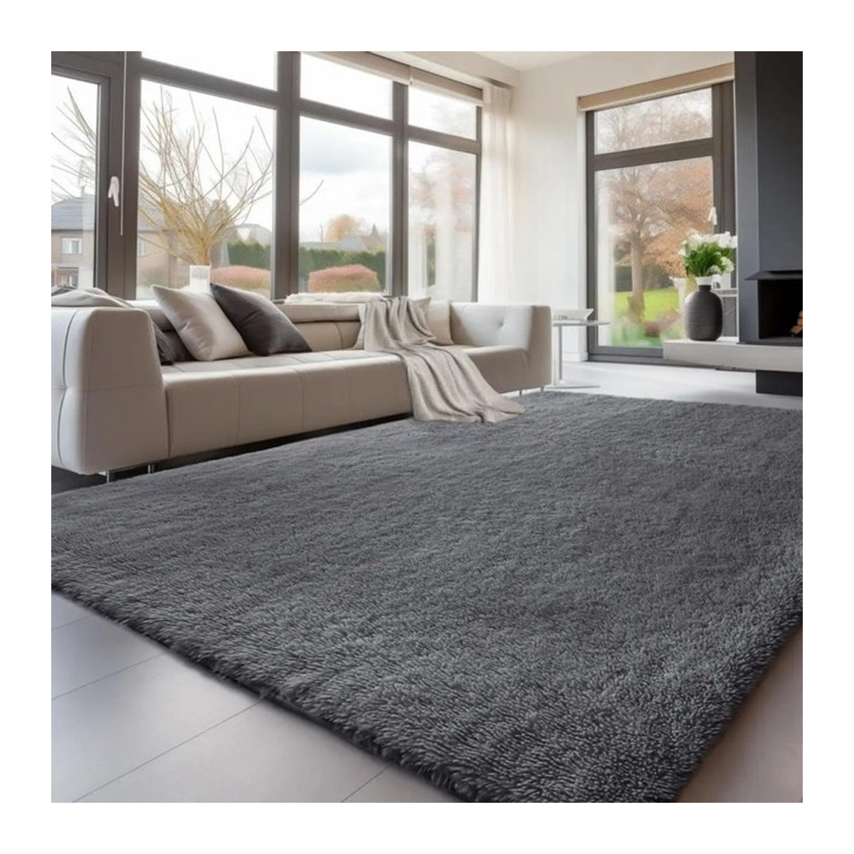VIKAMA Moderner Batik-Teppich mit Langflor in Beige und Grau, Flauschiger Spielteppich für Kinderzimmer und Babyzimmer, Rutschfest und Weich - Bild 1