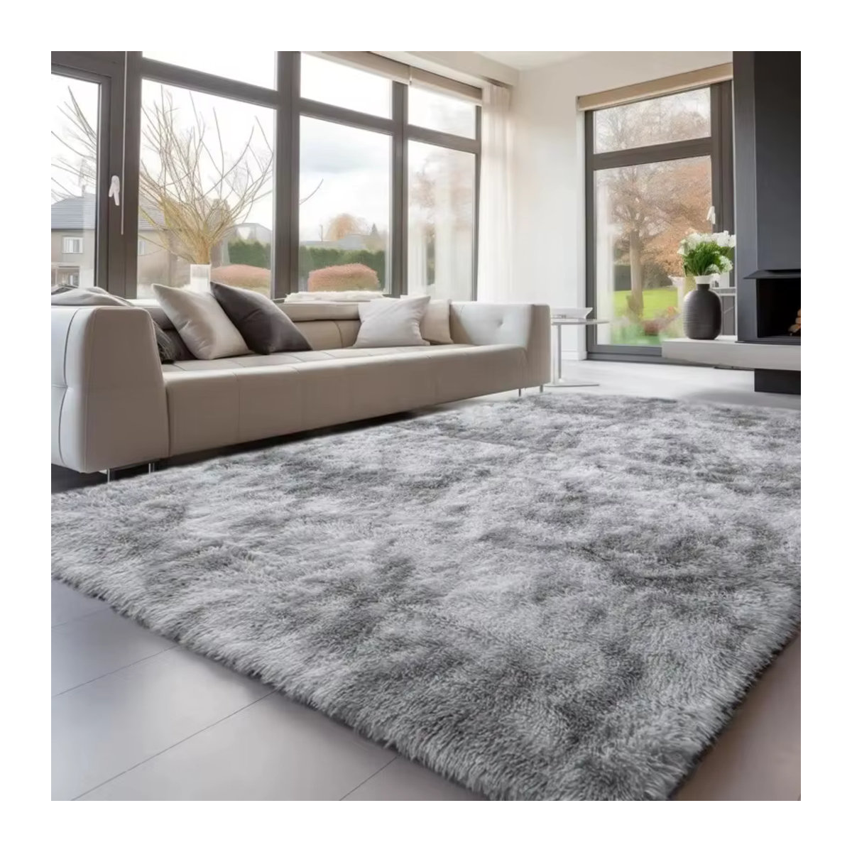 VIKAMA Moderner Batik-Teppich mit Langflor in Beige und Grau, Flauschiger Spielteppich für Kinderzimmer und Babyzimmer, Rutschfest und Weich - Bild 2