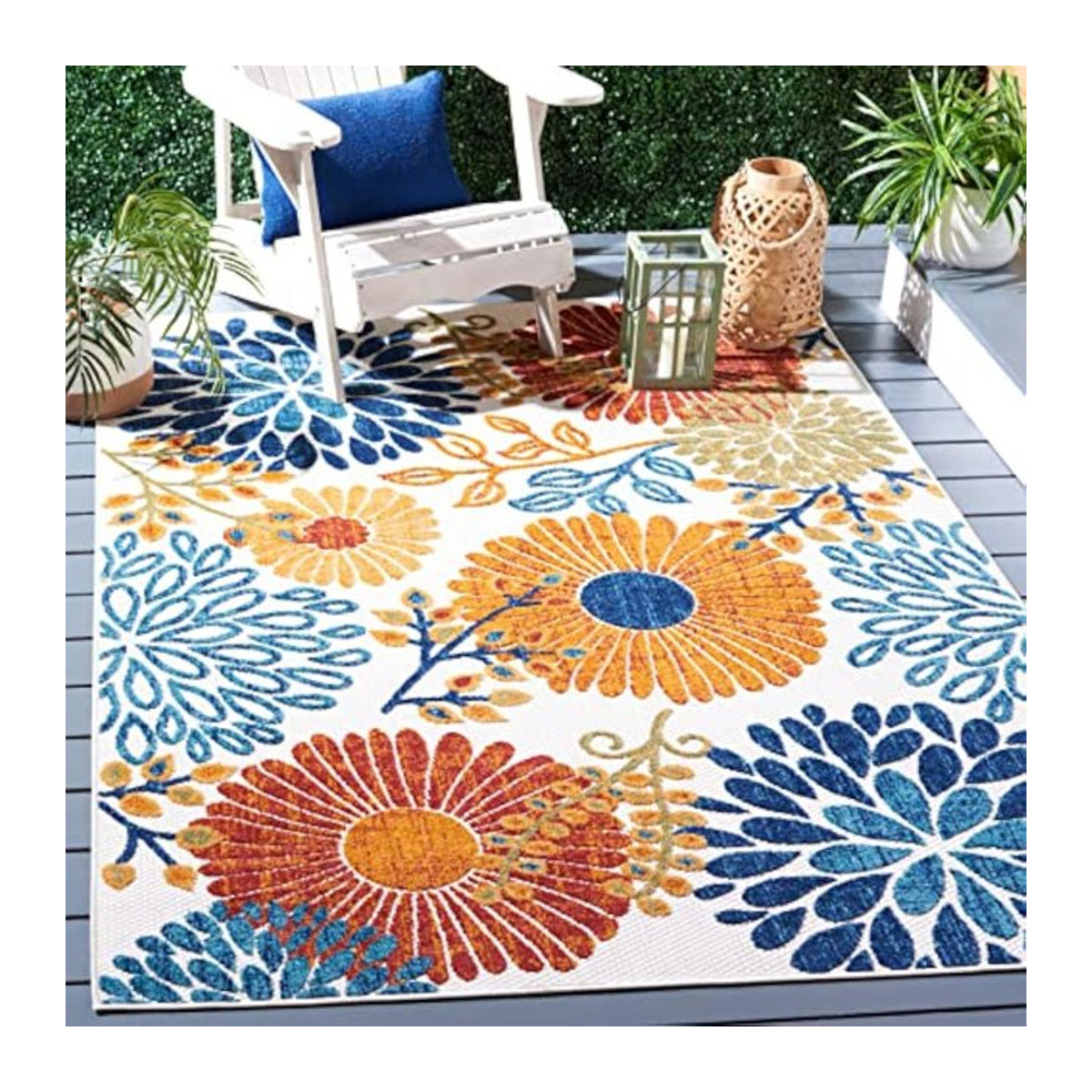 VIKAMA Moderner Outdoor-Teppich mit Blumenmuster, rutschfeste Sommer-Terrassenmatte, faltbar und tragbar, Farbe: Grün/Bunt, B/T: 160 x 80 cm - Bild 1