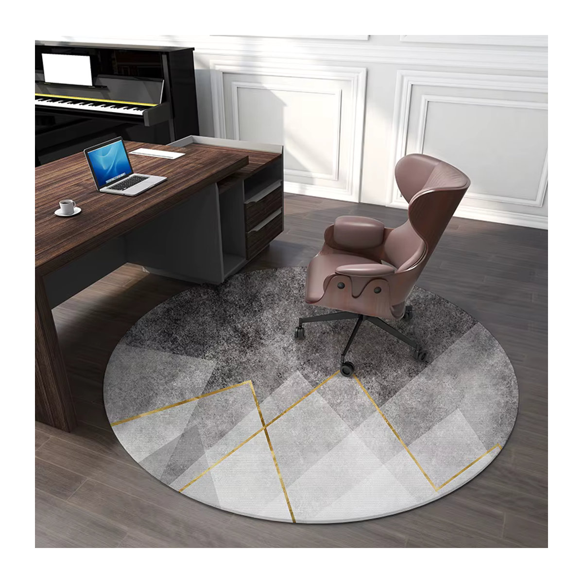VIKAMA Moderner Runder Teppich Grau mit Print als Rutschfeste Bodenmatte für Büro, Gaming-Stuhl und Wohnbereich - Bild 1