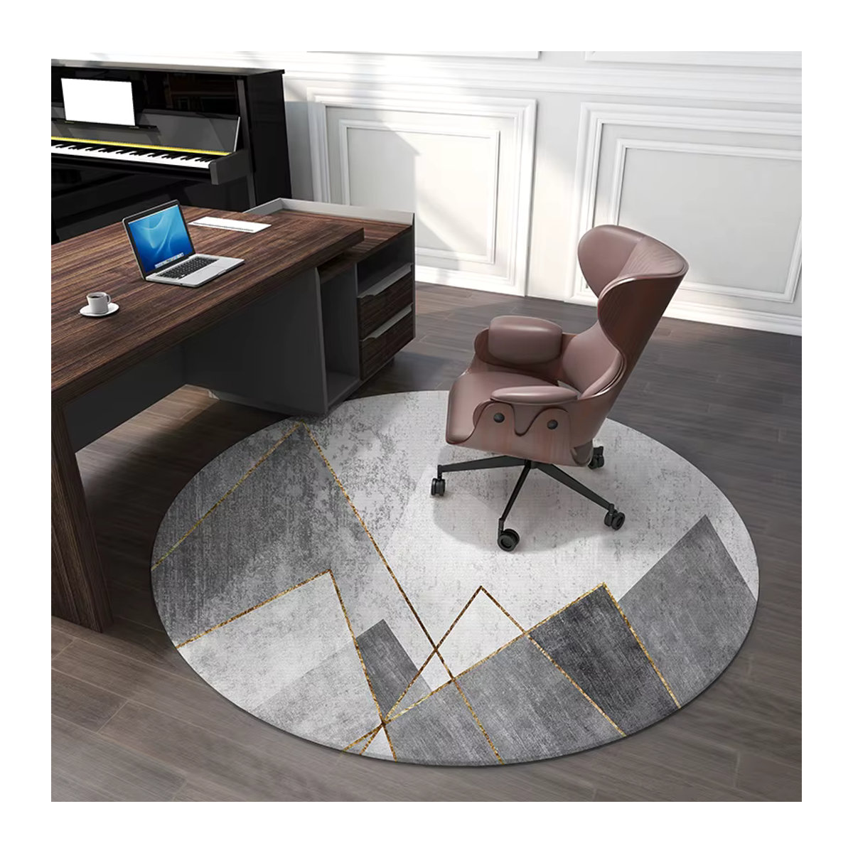 VIKAMA Moderner Runder Teppich Grau mit Print als Rutschfeste Bodenmatte für Büro, Gaming-Stuhl und Wohnbereich - Bild 2
