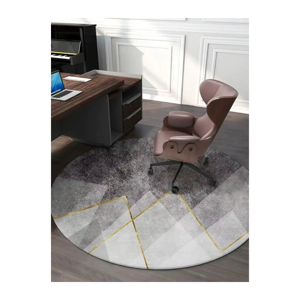 VIKAMA Moderner Runder Teppich Grau mit Print als Rutschfeste Bodenmatte für Büro, Gaming-Stuhl und Wohnbereich - Bild 4