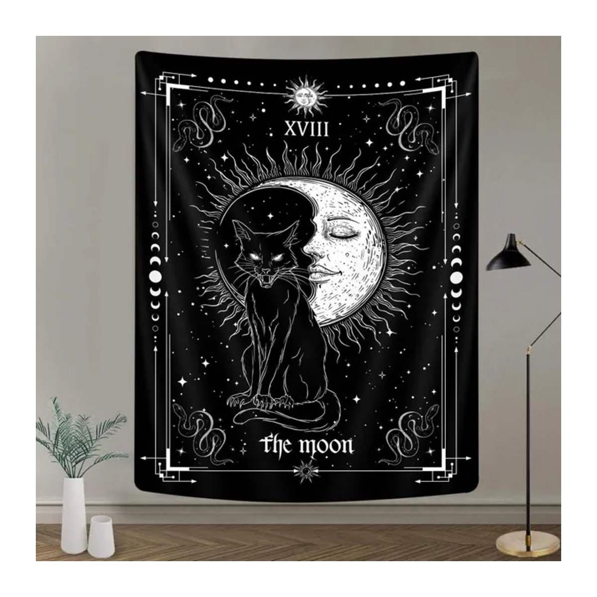 VIKAMA Mond-Tarot Wandteppich mit schwarzer Katze und Stern-Mond-Muster in Schwarz, Rechteckig, B/H: 60 x 40 cm - Bild 1