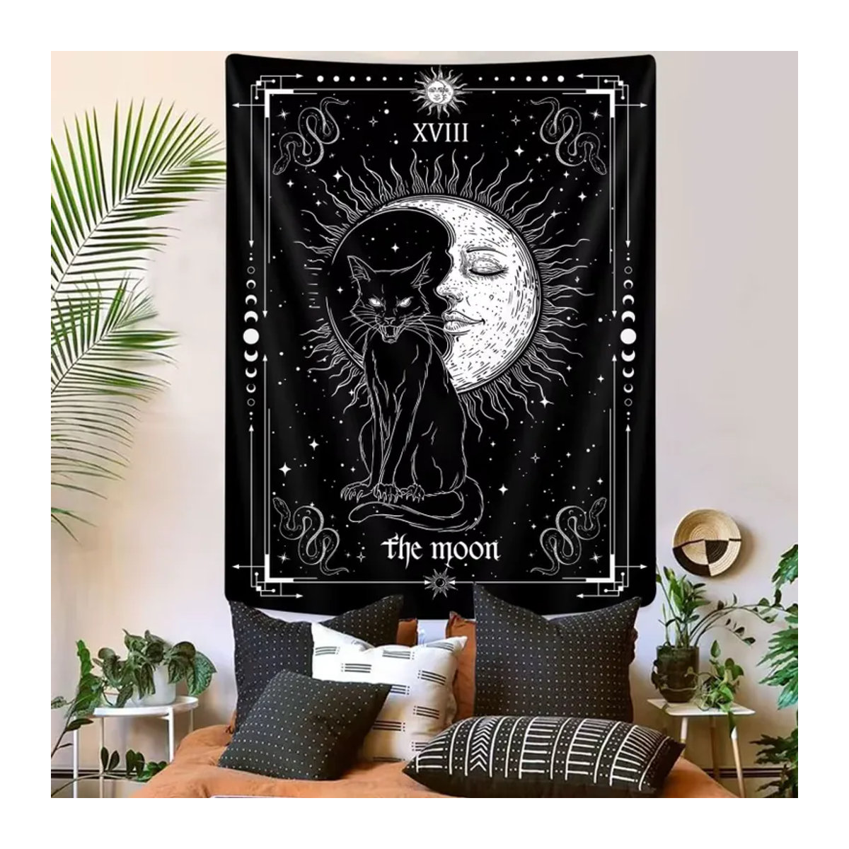 VIKAMA Mond-Tarot Wandteppich mit schwarzer Katze und Stern-Mond-Muster in Schwarz, Rechteckig, B/H: 60 x 40 cm - Bild 2