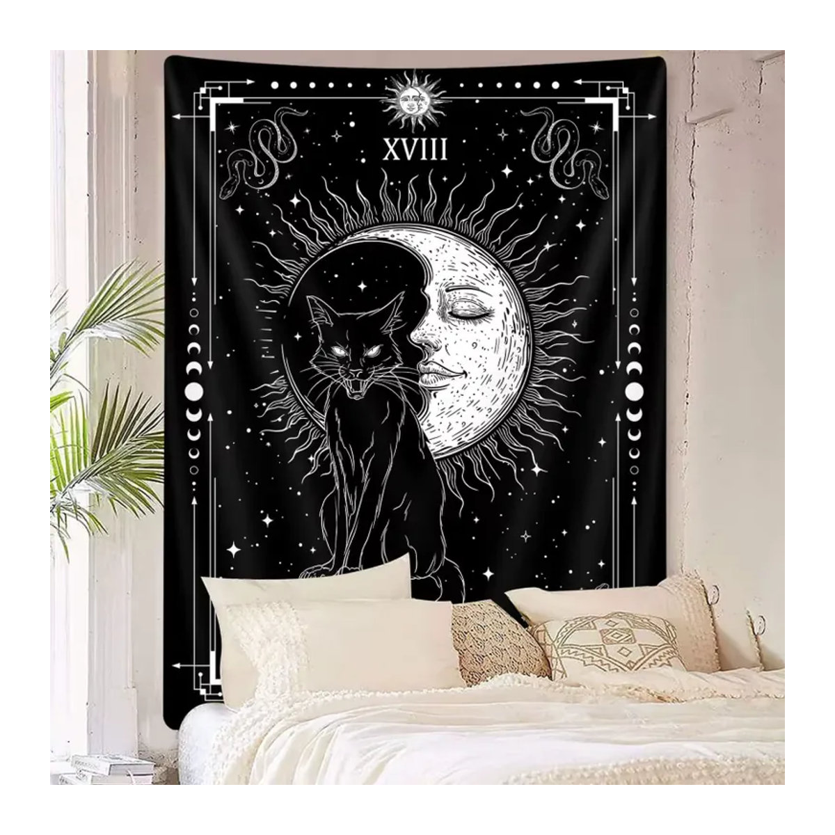 VIKAMA Mond-Tarot Wandteppich mit schwarzer Katze und Stern-Mond-Muster in Schwarz, Rechteckig, B/H: 60 x 40 cm - Bild 3