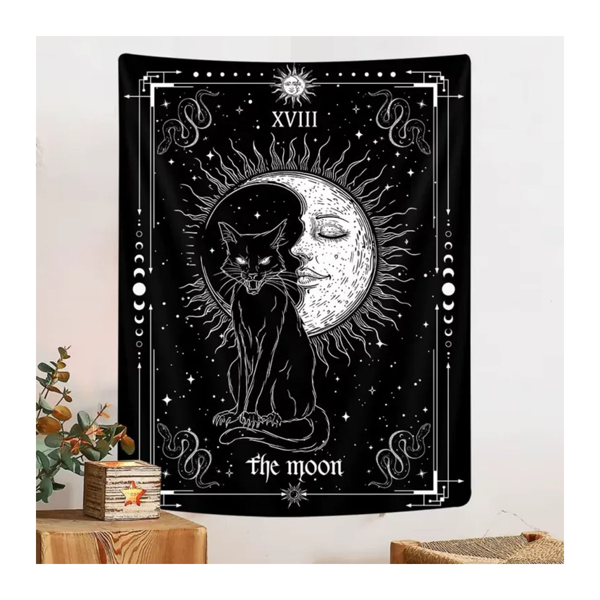 VIKAMA Mond-Tarot Wandteppich mit schwarzer Katze und Stern-Mond-Muster in Schwarz, Rechteckig, B/H: 60 x 40 cm - Bild 4