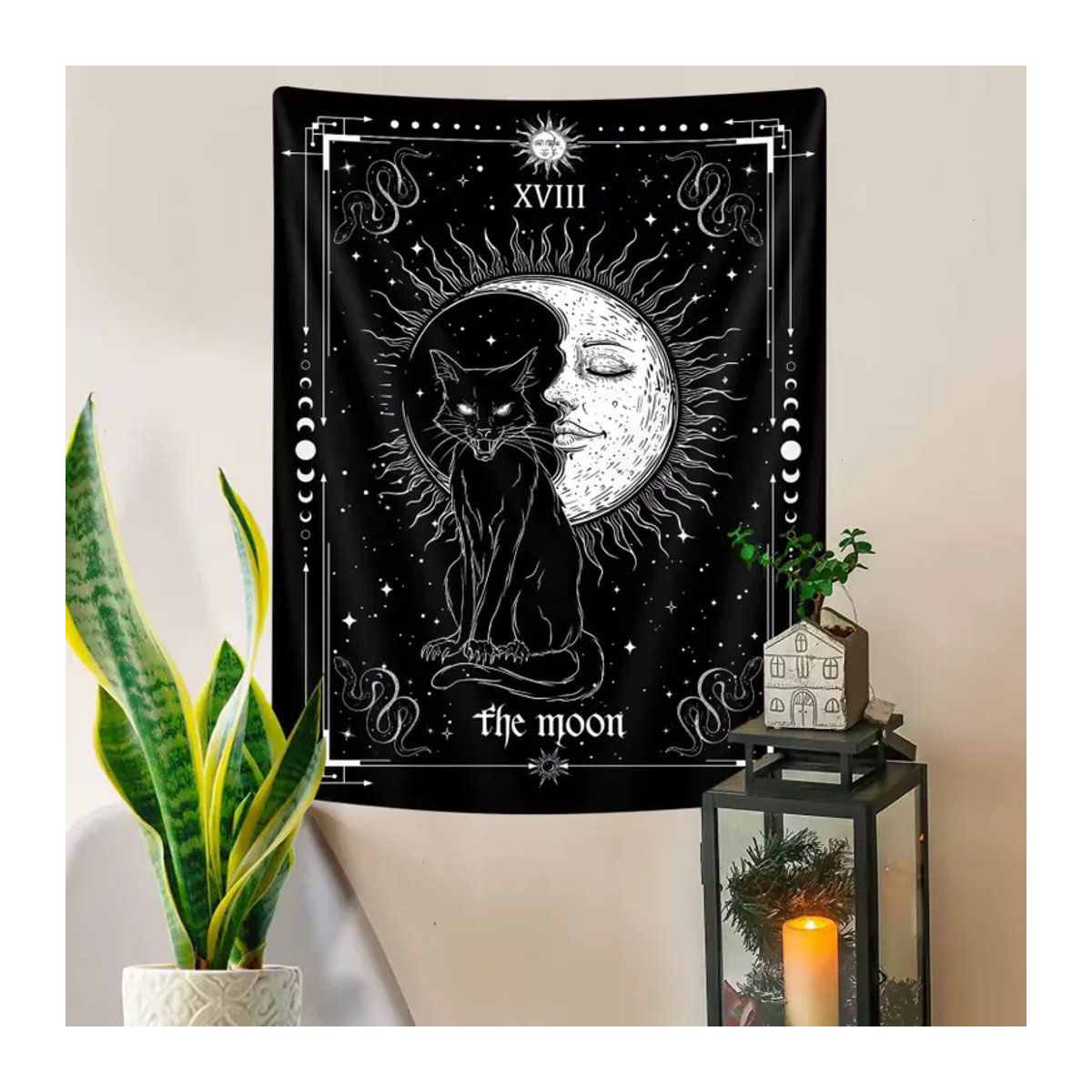 VIKAMA Mond-Tarot Wandteppich mit schwarzer Katze und Stern-Mond-Muster in Schwarz, Rechteckig, B/H: 60 x 40 cm - Bild 5