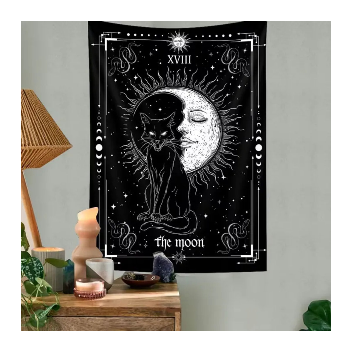 VIKAMA Mond-Tarot Wandteppich mit schwarzer Katze und Stern-Mond-Muster in Schwarz, Rechteckig, B/H: 60 x 40 cm - Bild 6