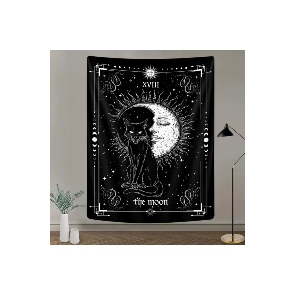 VIKAMA Mond-Tarot Wandteppich mit schwarzer Katze und Stern-Mond-Muster in Schwarz, Rechteckig, B/H: 60 x 40 cm - Bild 7