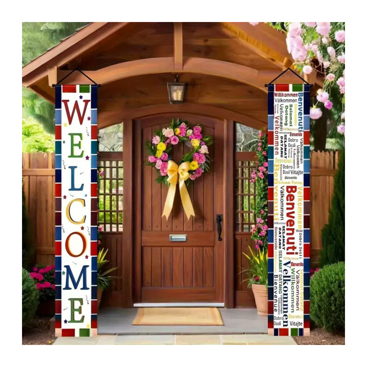 VIKAMA Multikulturelles Willkommensbanner in Mehrfarbig, Rechteckiges Textil-Dekorationsbanner mit Schlaufen für Geburtstage und Sportveranstaltungen, B/H: 180 x 30 cm - Bild 5