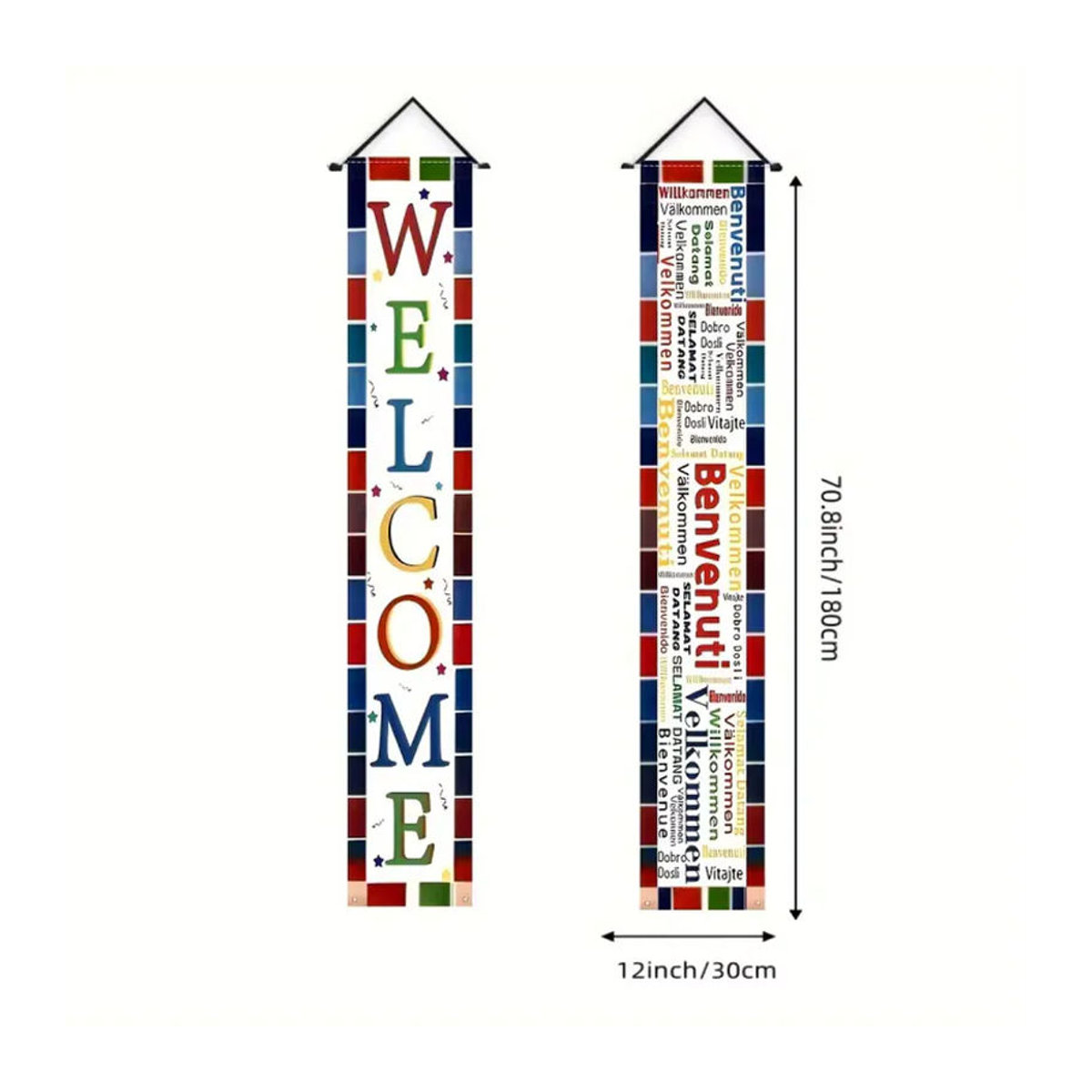 VIKAMA Multikulturelles Willkommensbanner in Mehrfarbig, Rechteckiges Textil-Dekorationsbanner mit Schlaufen für Geburtstage und Sportveranstaltungen, B/H: 180 x 30 cm - Bild 6