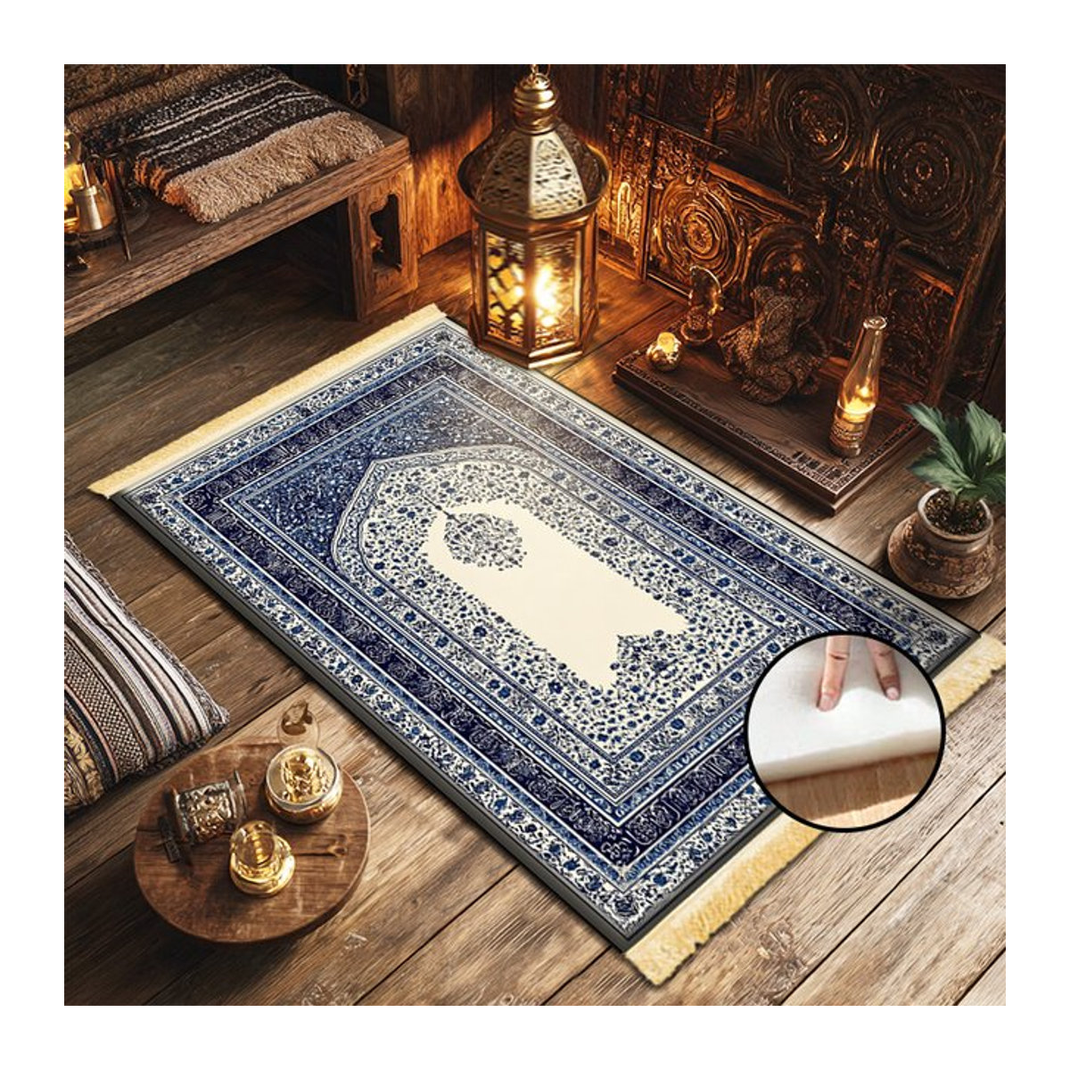 VIKAMA Muslimische Gebetsmatte mit blauem Blumenmuster, weich und rutschfest - Bild 1